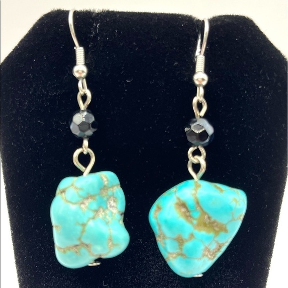 Turquoise Earrings Drop Dyed Howlite and Aurora Borealis Beads dangling pair! - Picture 1 of 11